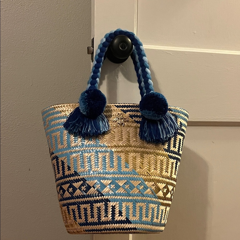 Blue and Tan Woven Tote Bag